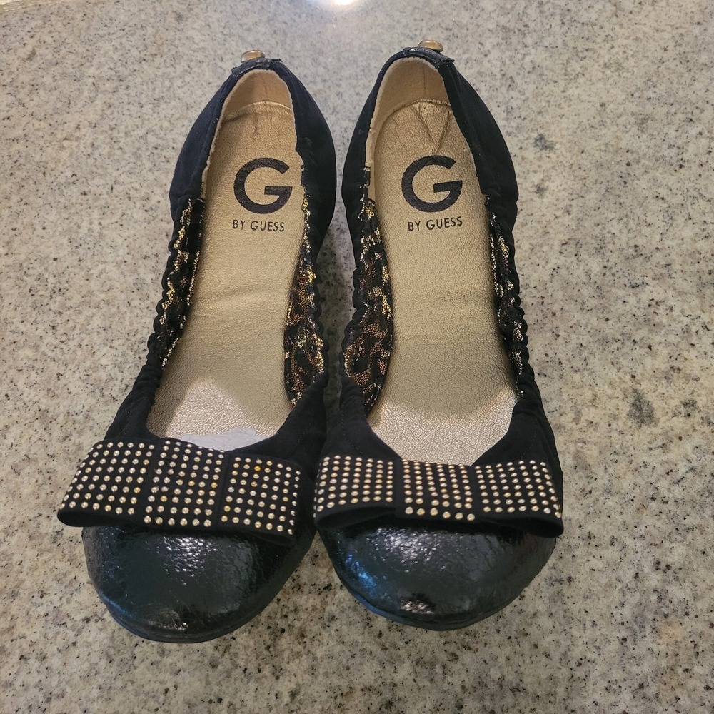 Guess Womens Ballet Flats Size 9.5 Black Studded Bow Slip On New Box